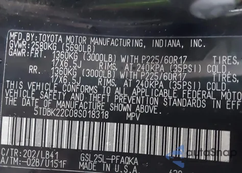 2008 Toyota Sienna Limited z USA, uszkodzony, nr VIN 5TDBK22C08S018318